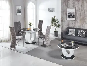 Modernique Giulia Round Black 100 cm Tempered Glass Top White Dining Table with 4 Pink Velvet Dining Chairs