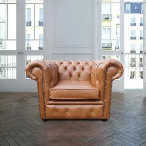 Chesterfield Handmade Low Back Club ArmChair Old English Tan Real Leather In Classic Style