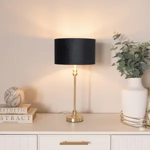 ValueLights Maggie Gold Candlestick Table Lamp with Black Velvet with Gold Inner Lamp Shade