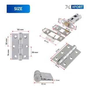 XFORT Polished Chrome Tubular Latch Door Accessory Pack, Complate with 65mm Tubular Latch and 75mm Ball Bearing Hinges