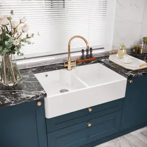 895mm - Double Bowl Fireclay Butler Kitchen Sink - Stepped Weir, Tap Hole & Waste