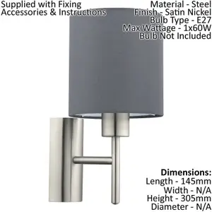 2 PACK Wall Light Colour Satin Nickel Shade Grey Fabric Rocker Switch E27 1x60W