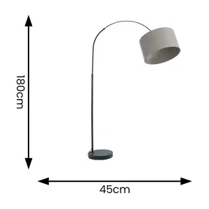 ValueLights Louis Black Arched Curved Floor Lamp with Grey Fabric Drum Lamp Shade and LED Bulb