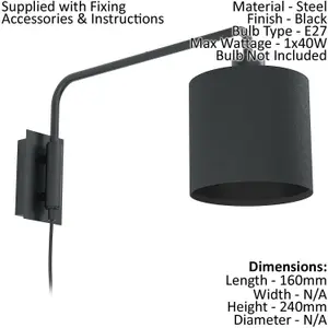 Wall Light Colour Black Shade Black Fabric In Line Switch Bulb E27 1x40W