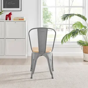 Furniturebox Set of 2 Grey Colton Tolix Style Stackable Industrial Metal Dining Chair With Pine Seat