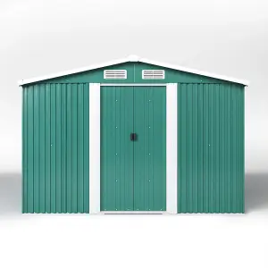 10 x 8 ft Metal Shed Garden Storage Shed Apex Roof Double Door with Base Foundation,Dark Green