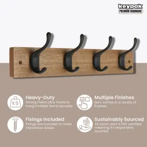 Keypak 4 Matte Black Coat Hooks on Ash Effect Wooden Board - 46cm Modern Wall Mounted Coat Rack Clothes Hanger