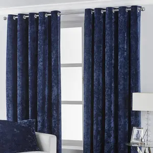 Paoletti Navy Blue Verona Crushed Velvet Eyelet Curtain Pair (W) 229cm x (L) 137cm