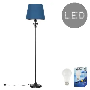 ValueLights Memphis Traditional Style Black Barley Twist Floor Lamp with Navy Blue Tapered Light Shade - with LED GLS Bulb