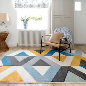 Navy Blue Ochre Diamond Geometric Living Area Rug 80x150cm