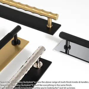 Pull Handle & Contrasting Backplate Set - Modern Bamboo T Bar - Matt Black & Satin Brass