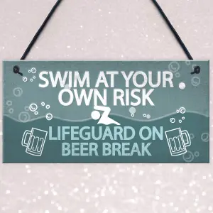 Red Ocean Funny Swim At Own Risk Hot Tub Pool Jacuzzi Hanging Garden Shed Plaque Wall Sign