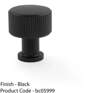 Round Reeded Door Knob - 29mm Diameter Matt Black Lined Cupboard Pull Handle