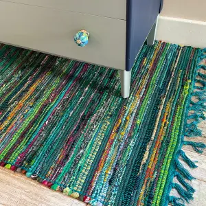 Festival Recycled Cotton Blend Rag Rug in Varied Colourways Indoor and Outdoor Use / 90 cm x 150 cm / Green