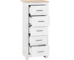 Portland 5 Drawer Narrow Chest in White with Oak Effect Finish