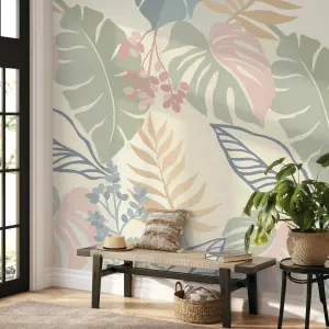 Abstract Pastel Leaf 3 lane Repeatable Wallpaper Mural,  Green & Blush