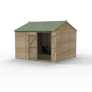 Forest Garden Beckwood Shiplap 10x10 ft Reverse apex Natural timber Wooden Pressure treated 2 door Shed with floor - Assembly service included