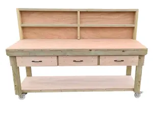 Wooden Eucalyptus hardwood top workbench, tool cabinet with drawers (V.1) (H-90cm, D-70cm, L-240cm) with back and wheels