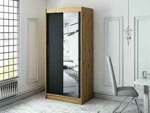 Leto T2 Contemporary 2 Sliding Mirror Door Wardrobe 5 Shelves 2 Rails Black Matt and Oak Effect (H)2000mm (W)1000mm (D)620mm