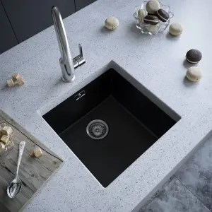 Matt Black 1.0 Single Bowl Kitchen Sink & Chrome Waste - 440x440mm