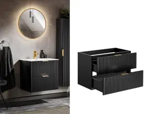 Bathroom Vanity Unit Drawer Cabinet 800mm Black Floating Wall Hung Ribbed Modern Adel