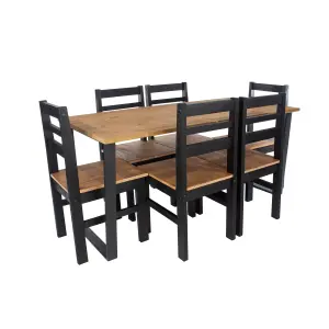 Core Products Texas Antique Waxed Pine 150cm long Dining Table with 6 Black Pine Chairs