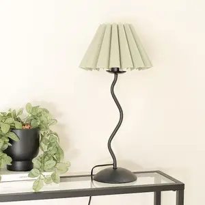 ValueLights Wiggle Black Metal Single Stem Table Lamp with Sage Green Scallop Tapered Lamp Shade and LED Bulb