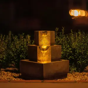 Primrose Solar Tiered Coba Square Cascading Water Feature With Battery Backup and Lights 37cm