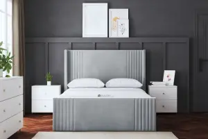 Elara Winged Silver Panel Bed with Headboard King