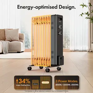 VonHaus Oil Filled Radiator 9 Fin, Oil Heater Portable Electric Free Standing 2000W for Home, Office, Any Room