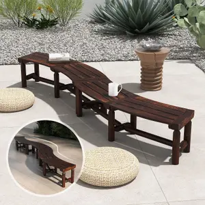 Costway Garden Curved Bench Patio Carbonized Wood Dining Bench Loveseat Slatted Seat