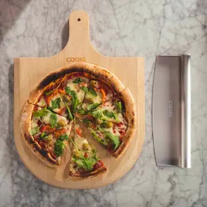 Cooks Professional Rocking Pizza Cutter Stainless Steel with Bamboo Pizza Board 35 x 33cm