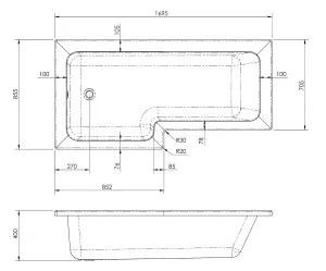 1700mm Left Hand L Shape Bathtub, Front Panel and Bath Screen - Chrome Profile