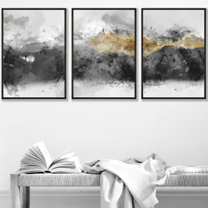 Set of 3 Abstract Grey and Yellow Mountains Wall Art Prints / 30x42cm (A3) / Black Frame