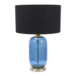 ValueLights Leigh Navy Blue Glass and Gold Detail Table Lamp with Black/Gold Shade Light - LED Bulb Included