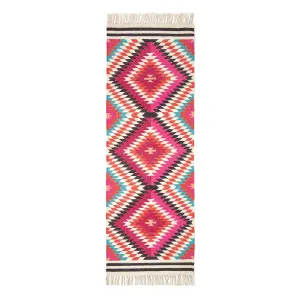 Homescapes Manila Handwoven Pink, Orange and White Multi Coloured Diamond Patterned Kilim Wool Rug, 66 x 200 cm