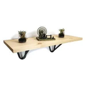 Solid Pine Rustical Shelf Primed Black Hairpin Bracket Style 25x90cm