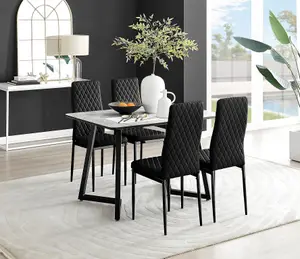 Furniturebox UK Carson White Marble Effect Dining Table & 4 Black Velvet Milan Black Leg Chairs