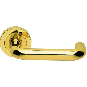 Premium Concealed Door Handle Set - Polished Brass Lever On Round Rose Curve Bar