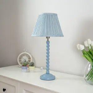 ValueLights Bobbles Powder Blue Bobbin Table Lamp with Blue Pleated Shade