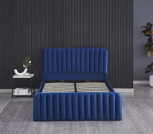 Ottoman Storage Bed blue 4ft6 Big Double velvet bed gas lift up Storage Bed bedroom furniture