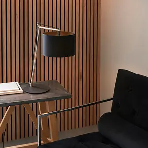 Nickel Plated Angular Table Lamp Light - Black Base & Cotton Shade - Desk Light