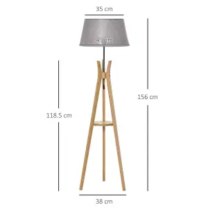 HOMCOM Tripod Floor Lamp Light E27 Base w/ Fabric Shade Storage Shelf, Grey