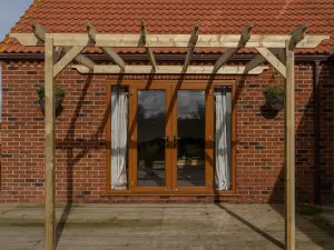 Lean to wooden garden pergola kit - Sculpted design wall mounted gazebo, 3m x 4.8m (Natural finish)