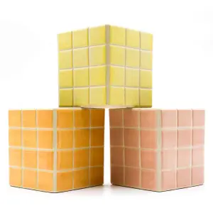 Set of 3 Warm Pastel Tile Design Ceramic Planters with Tray