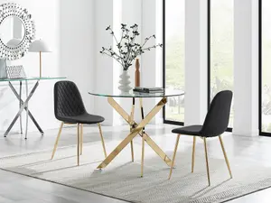 Furniturebox UK Novara 100cm Round Gold Leg Dining Table & 2 Black Corona Gold Chairs