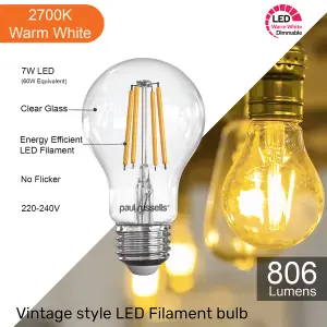 paul russells LED Filament Dimmable GLS Bulb, ES E27, 7W 806 Lumens, 60w Equivalent, 2700K Warm White