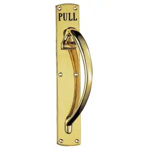 2x Curved Right Handed Door Pull Handle Engraved with 'Pull' Polished Brass