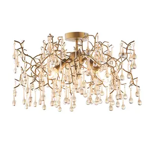 Aged Gold Semi Flush Ceiling Light with Glass Droplets 3 Bulb Low Hanging Light