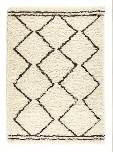 Cream Black Shaggy Rug, Geometric Rug, Moroccan Wool Rug, Modern Rug for Living Room, & Dining Room-160cm X 230cm